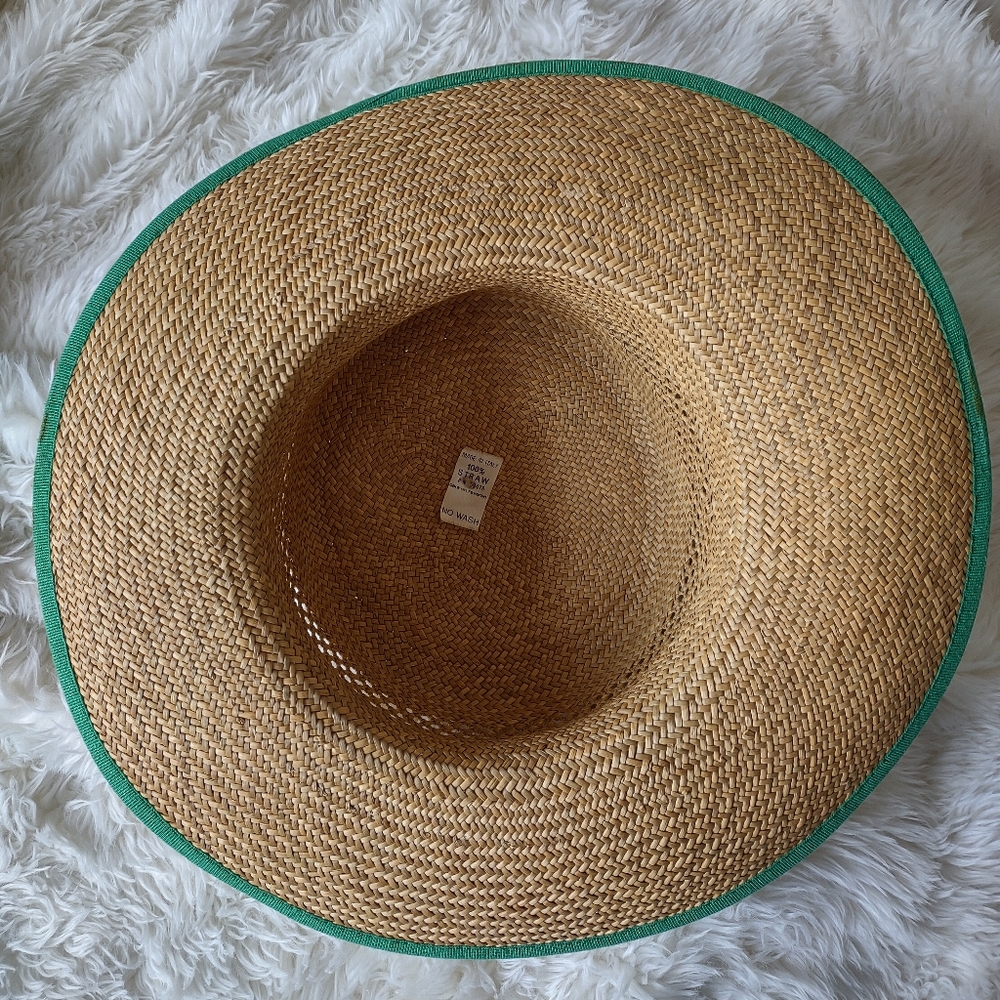 Straw Hat Made in Italy Green Trim  Beach Sun - Picture 4 of 10